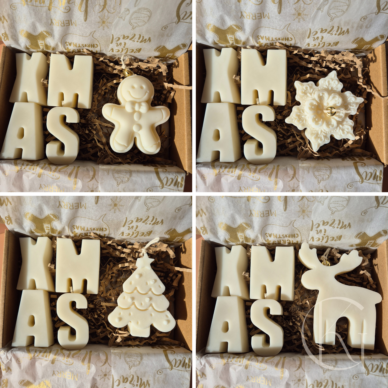 Kerstbox met handgemaakte XMAS-kaarsletters en een kerstkaarsje naar keuze (sneeuwvlok, rendier, kerstboom of peperkoekman) Geurloze sojawas, feestelijke kerstdecoratie en cadeau.